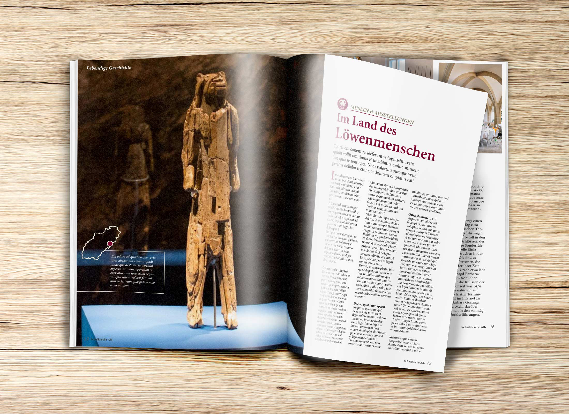 Aufgeschlagene Doppelseite mit redaktionellen Bericht über das Land des Löwenmenschen aus der Gästezeitung Schwaebische Alb
