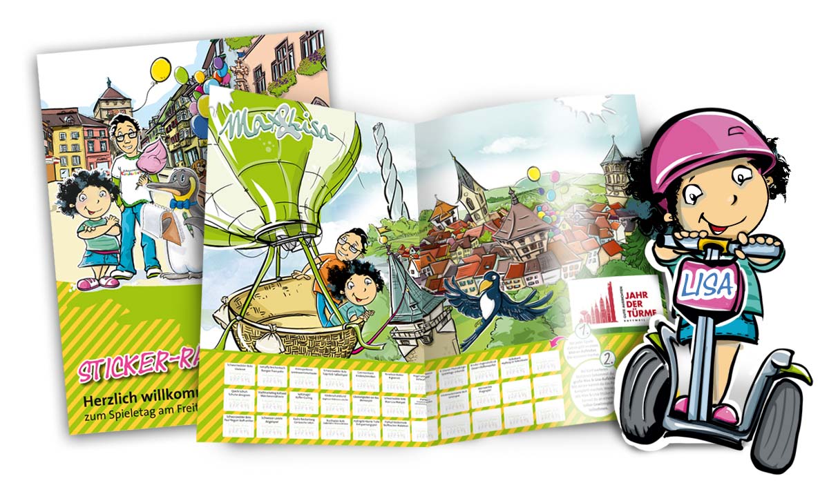 Broschüren mit illustrierten Kidnerfiguren Max und Lisa für den Spieletag Rottweil