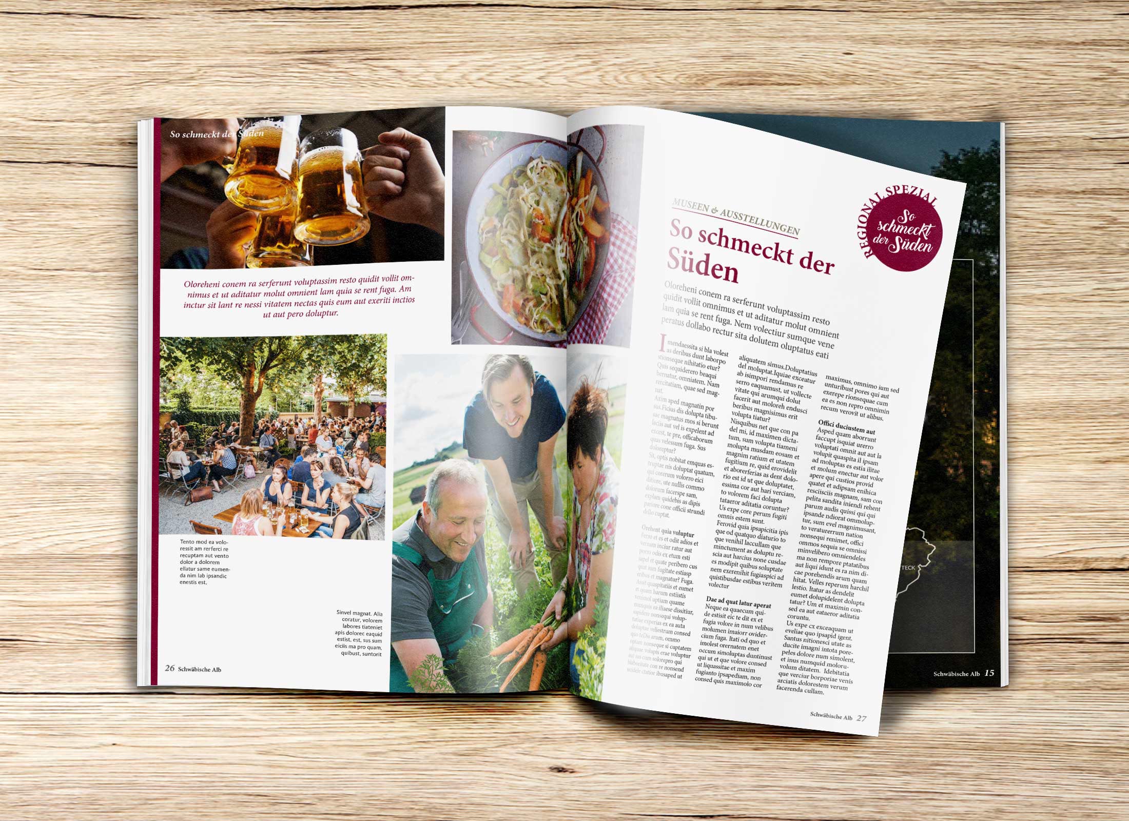 Aufgeschlagene Doppelseite zum Thema Kulinarik und Genussregion Schwäbische Alb der Gästezeitung Schwäbische Alb